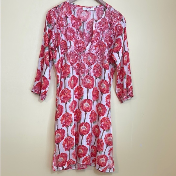Amaya Pink White Hand Embroidered Peony Floral Split Neck Lightweight Dress 38/S - Picture 1 of 17